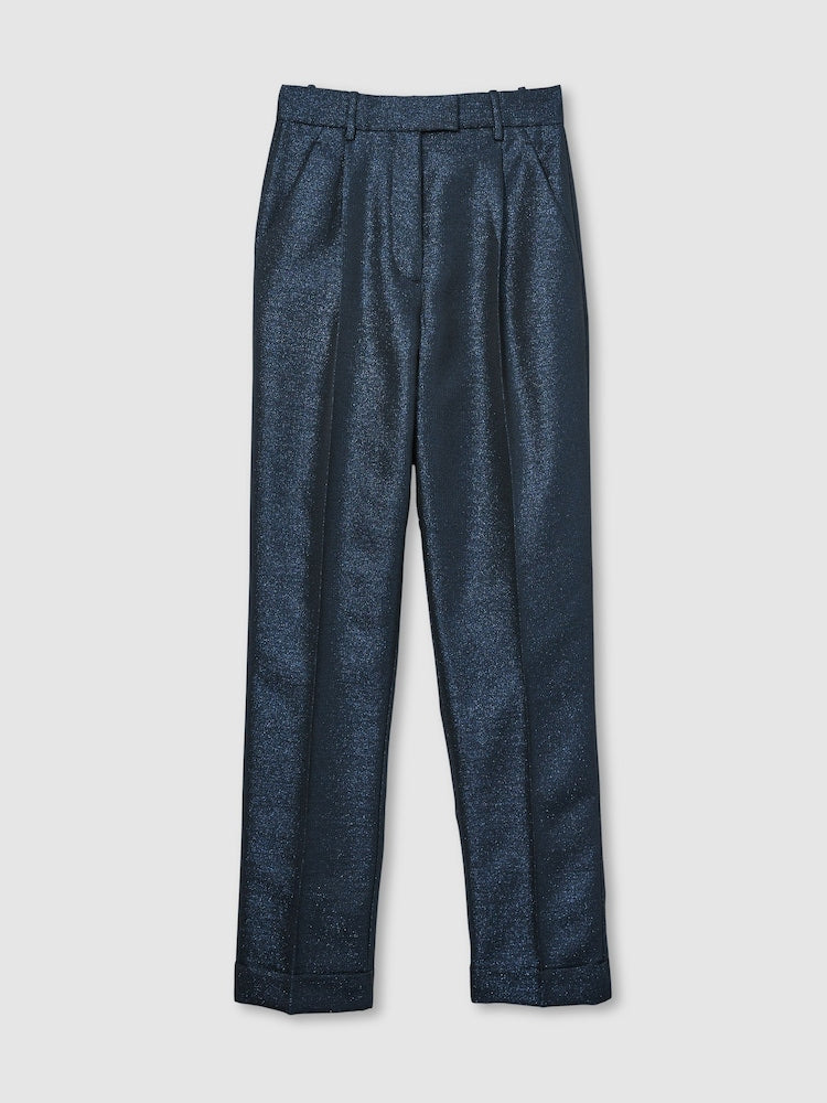 Mørkeblå tapered bukser med subtil glimmer