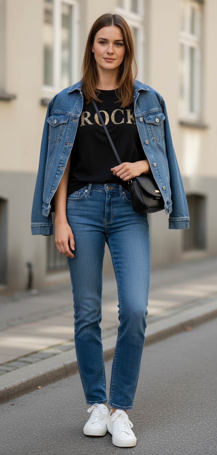 Model i sort t-shirt med guld ROCK-print – styling: jeans sneakers
