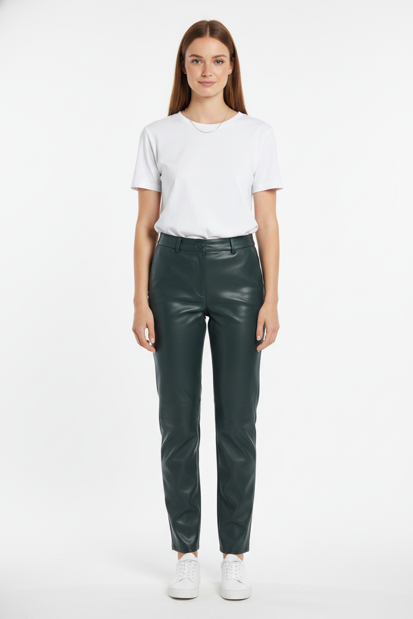 Dark green leather-look high-waist trousers — full-body front