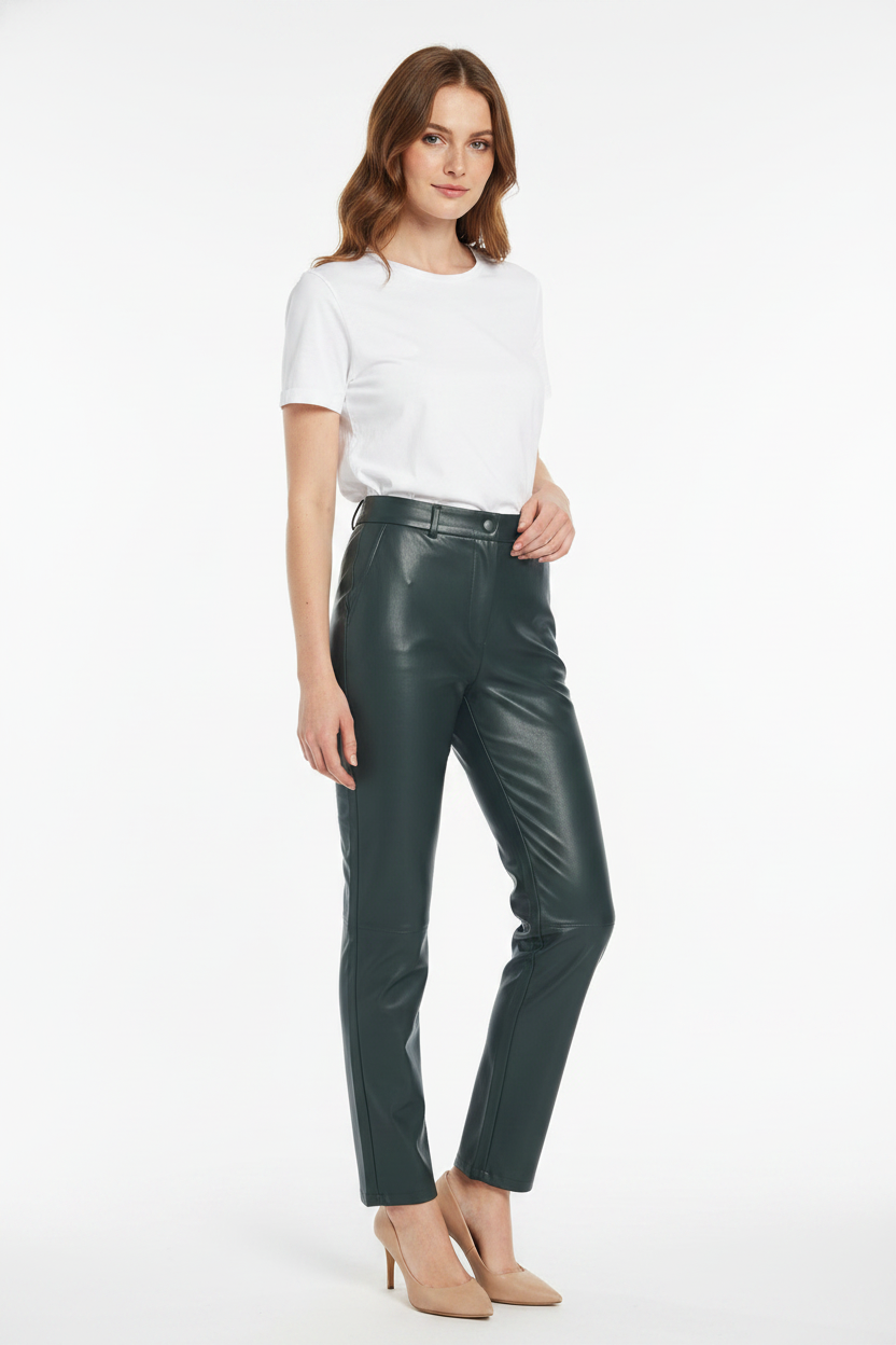 Dark green leather-look high-waist trousers — three-quarter view