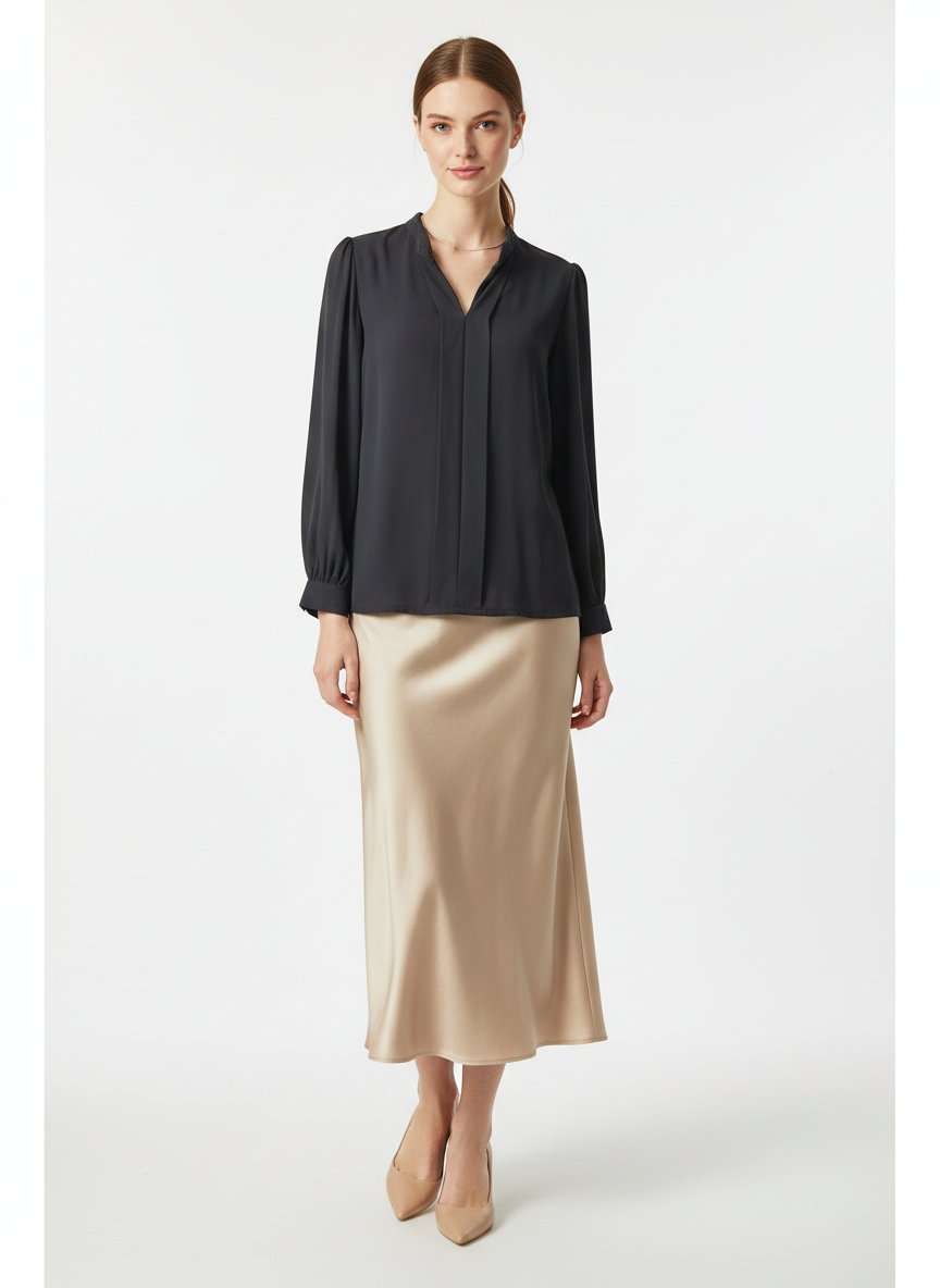 Model i mørk skjortebluse med v-udskæring og pof-ærmer – step skirt