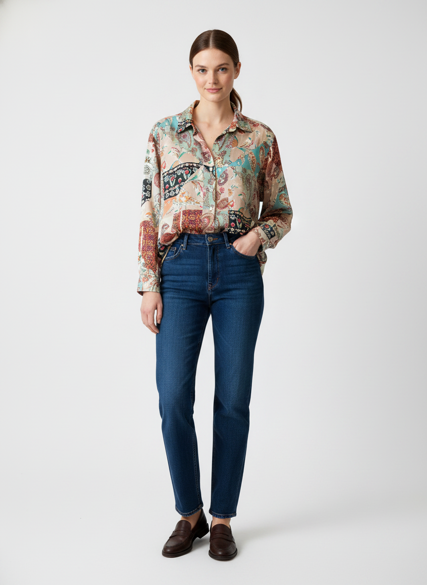 Model i mønstret skjorte med paisley-print – step jeans loafers