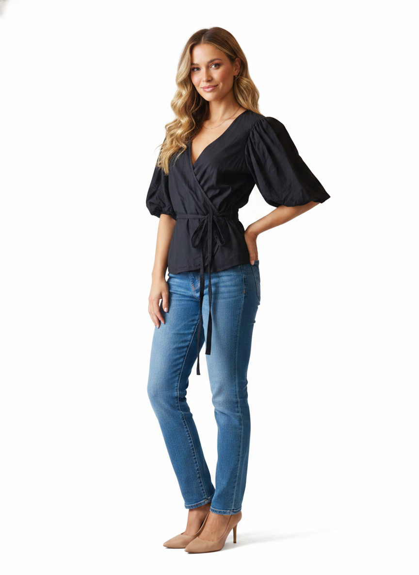 Wrap-bluse med pufærmer - three-quarter turn, Model B