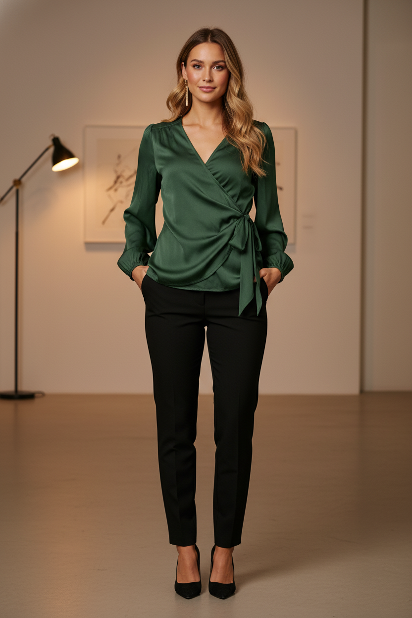Model i mørkegrøn slå-om bluse med blød silhuet – styling: pants pumps