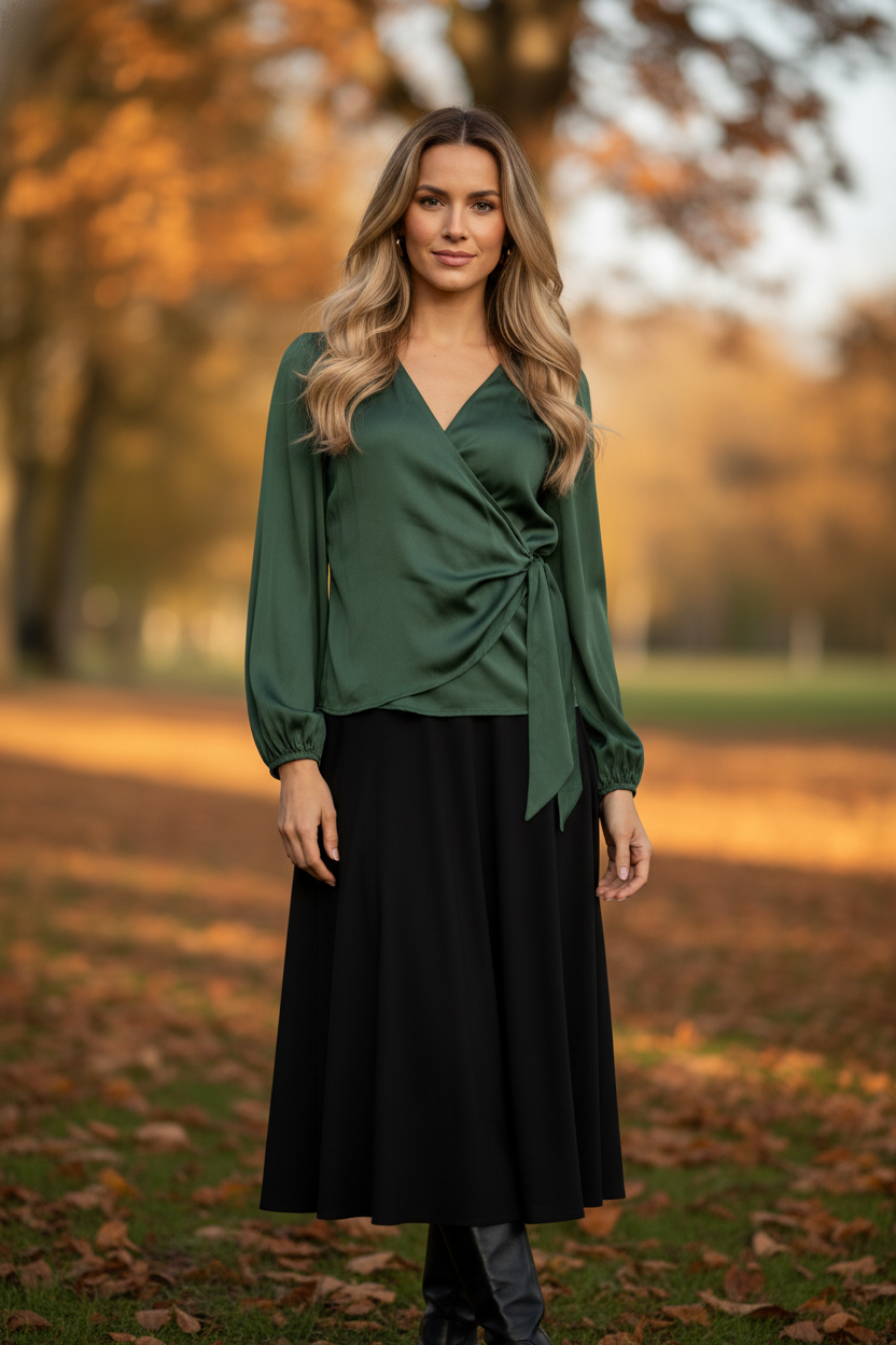 Model i mørkegrøn slå-om bluse med blød silhuet – styling: skirt boots