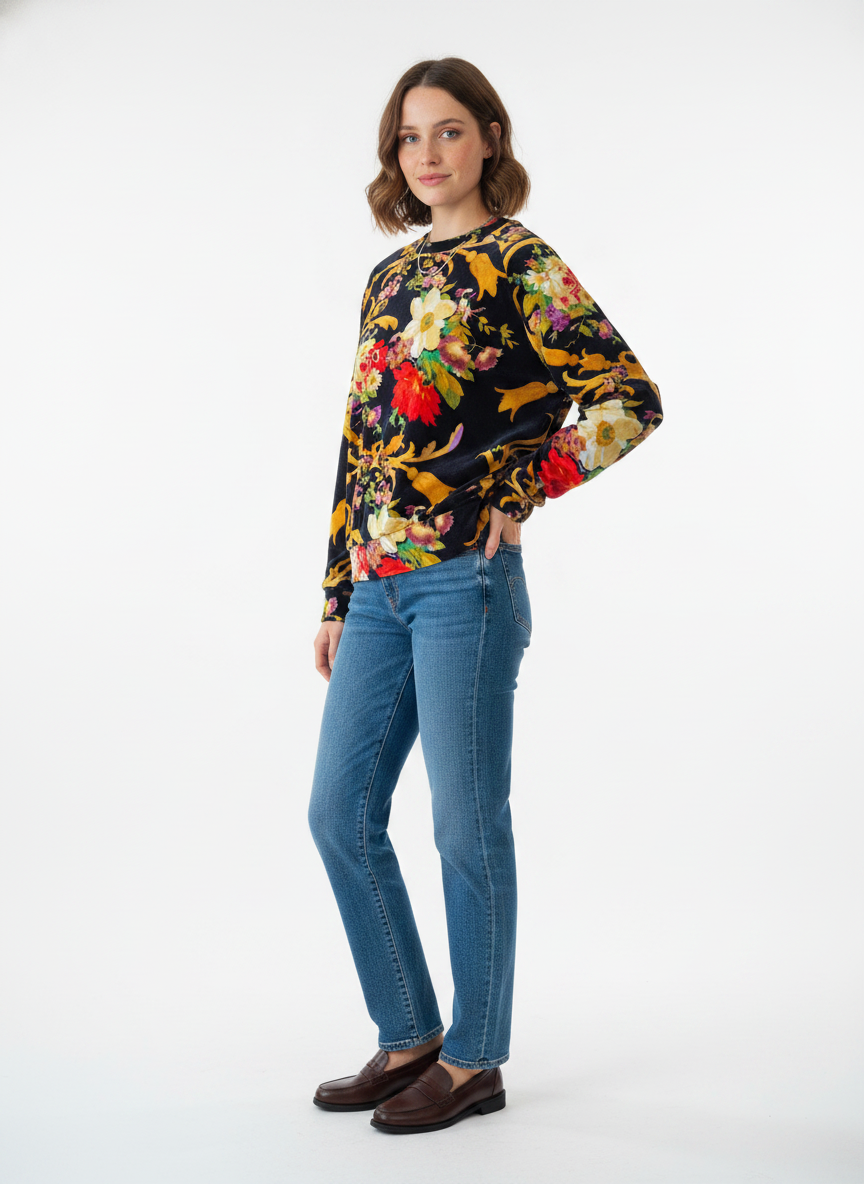Model i fløjlssweater med barokt blomster-print – threequarter jeans loafers