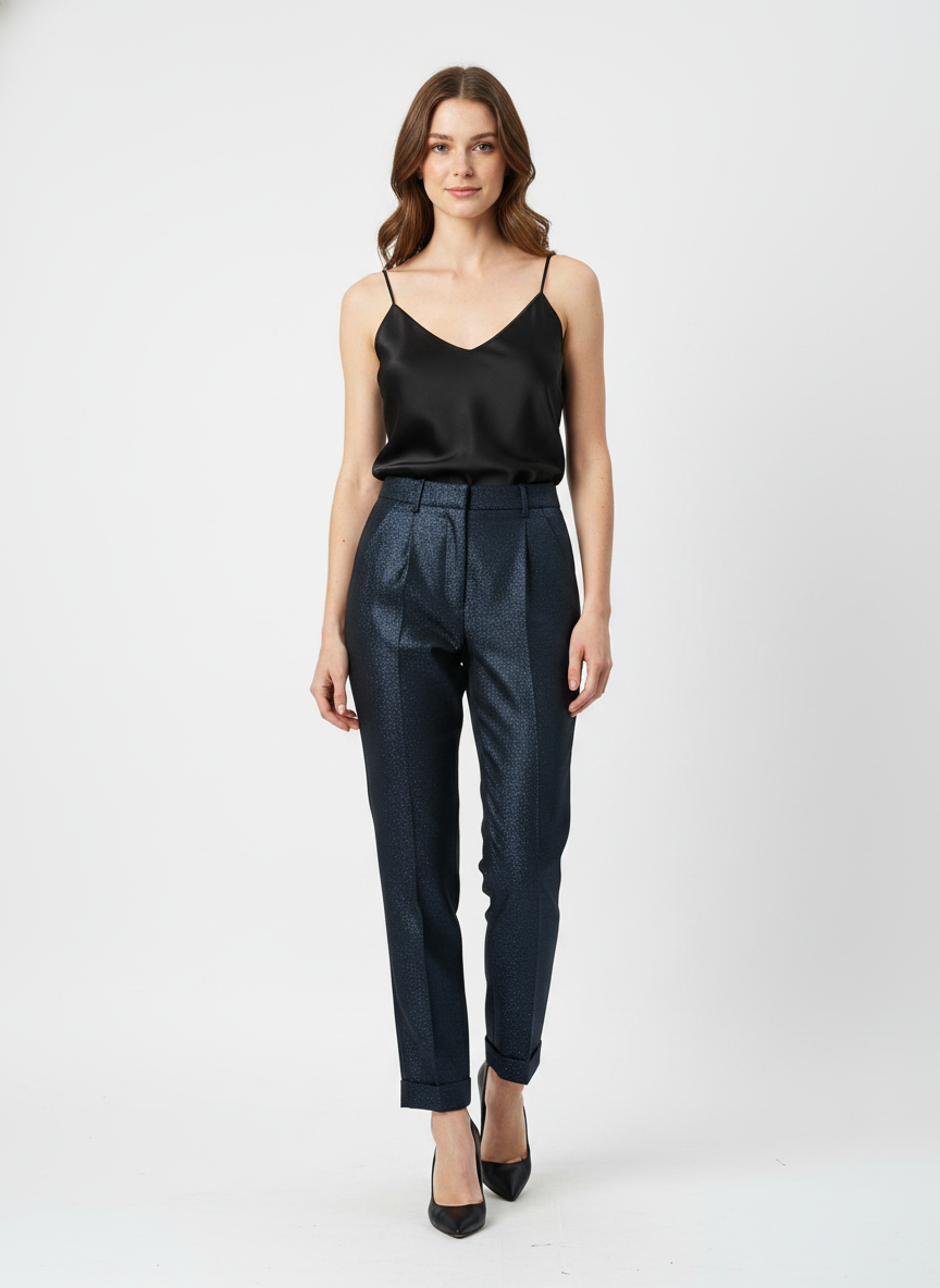 Model i mørkeblå tapered bukser med subtil glimmer – step heels