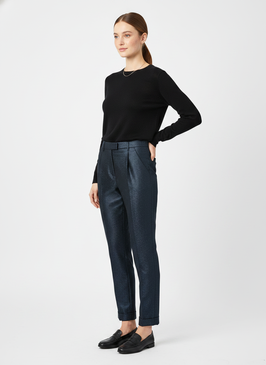 Model i mørkeblå tapered bukser med subtil glimmer – threequarter loafers