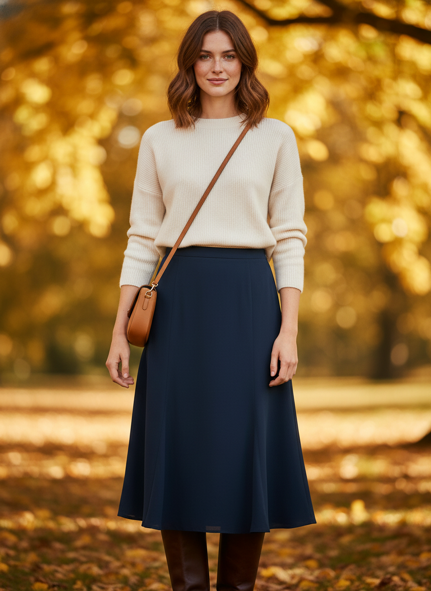 Model i mørkeblå let nederdel med vidde forneden – styling: knit boots