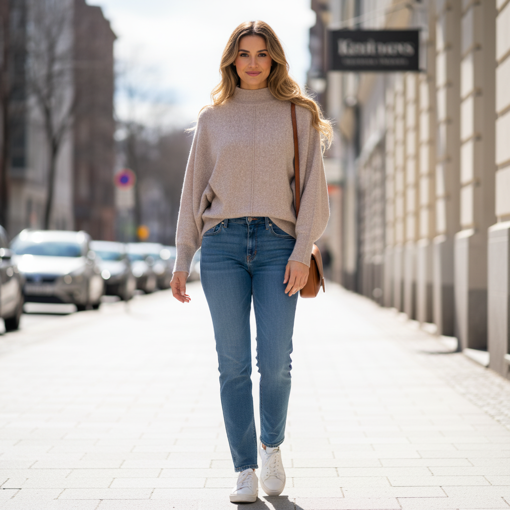 Model i beige højhalset Reiss-strik med jeans og hvide sneakers