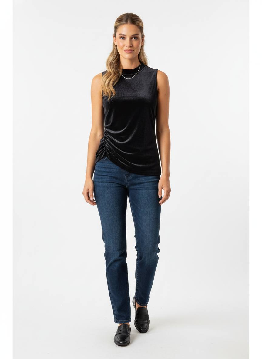 Model i sort fløjlstop med ruched sidesnit – step jeans loafers