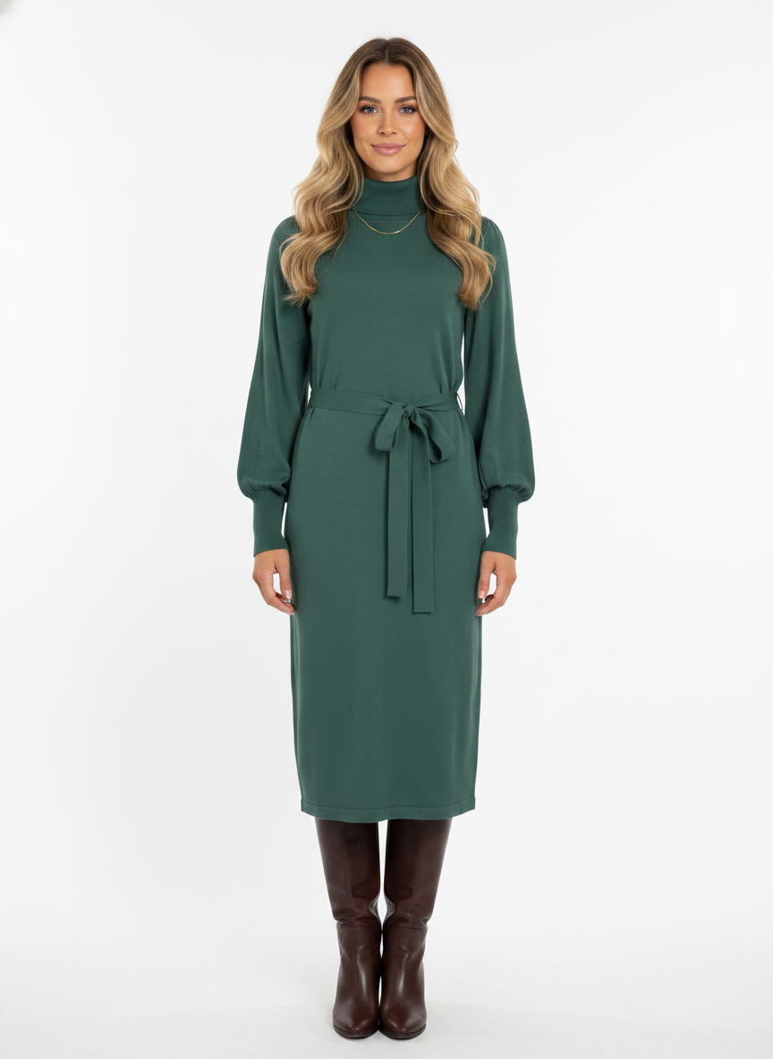 Model i mørkegrøn strikkjole med turtleneck og bindebånd – front boots