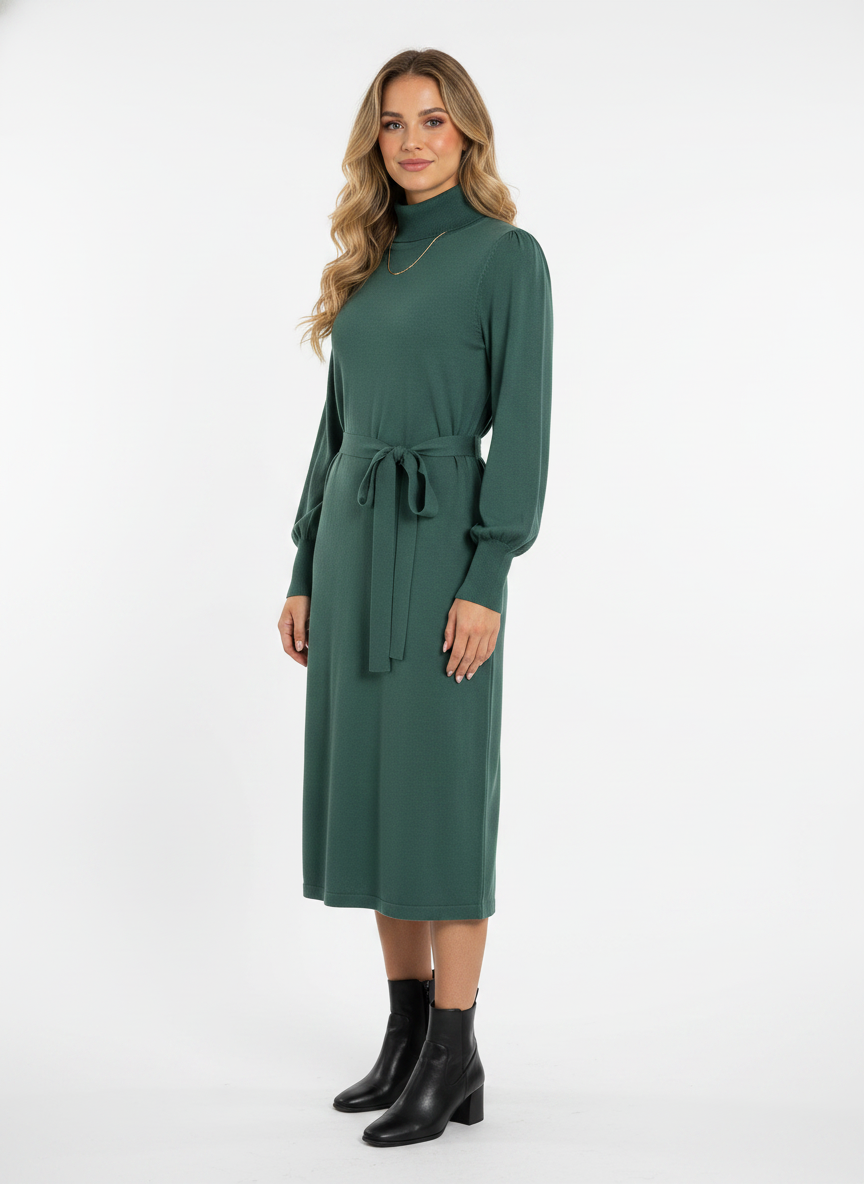 Model i mørkegrøn strikkjole med turtleneck og bindebånd – threequarter ankle