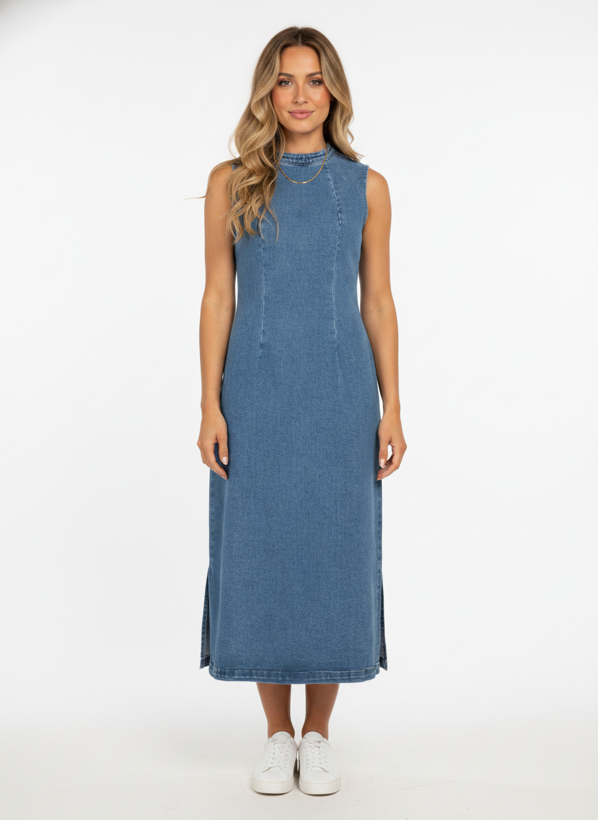 Model i mellemblå denim midikjole med opretstående krave – front sneakers