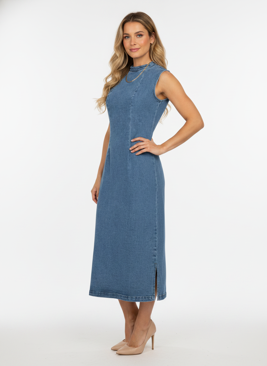 Model i mellemblå denim midikjole med opretstående krave – threequarter pumps